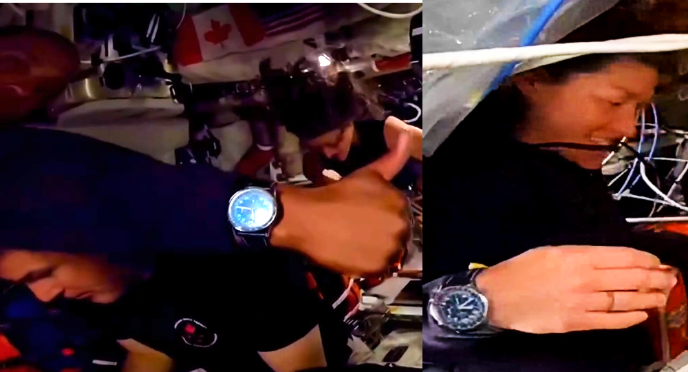 Glover and Koch flex their Breitling Cosmonautes on the livestream. Photo: NASA
