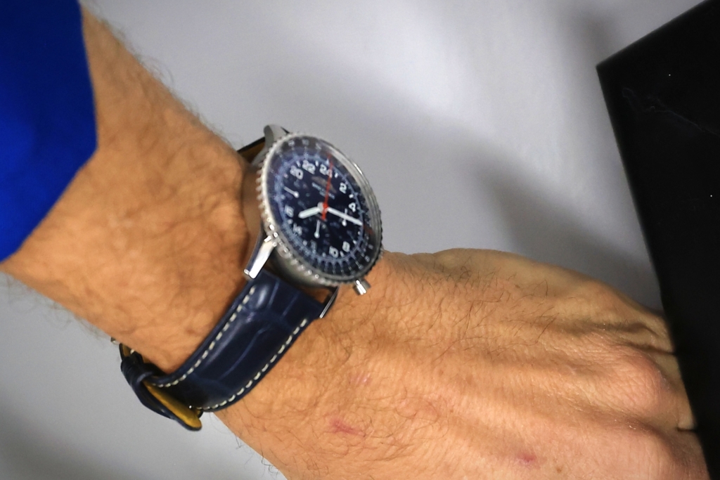 Reid Wiseman sporting the platinum Scott Carpenter Breitling Navitimer