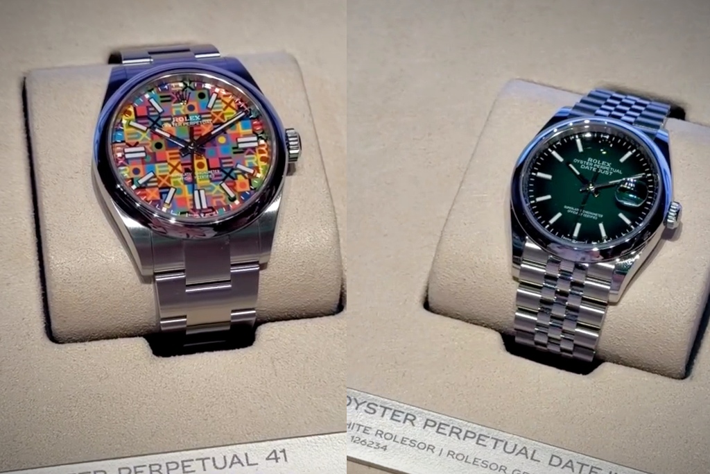 Two of the 2026 Rolex releases: a Mulitcolor Jubilee OP41 (left) and a green ombre Datejust 36 (right)