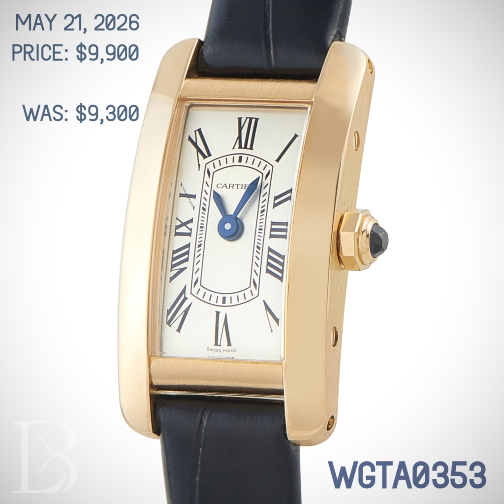 The price of a yellow gold Cartier Tank Americaine Mini increased from $9,300 to $9,600 on May 21, 2026.