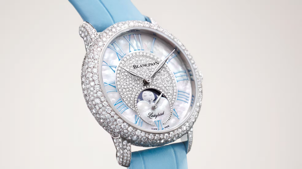 The white gold version of the 2026 Blancpain Ladybird Colors Diamond Bloom has light blue accents while the red gold one has purple accents. Photo: Blancpain