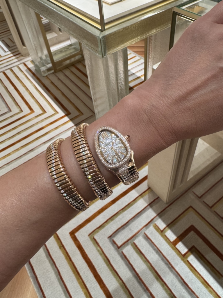 A sparkly Bulgari Serpenti Tubogas in rose gold