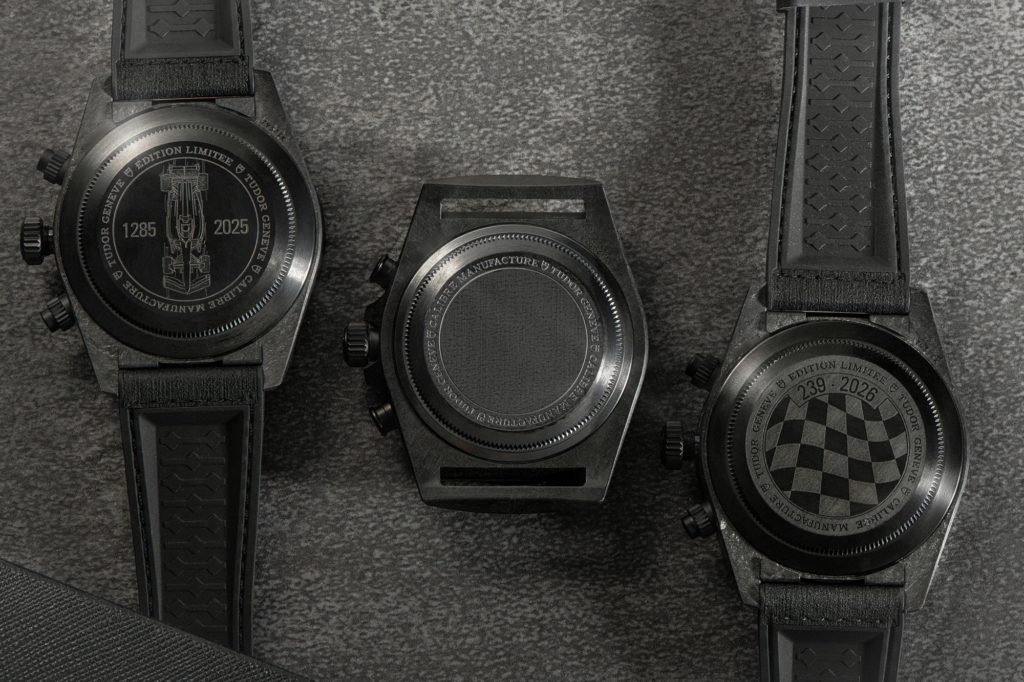Casebacks of the Tudor Carbon 25, Pelagos Cycling Edition, and Carbon 26