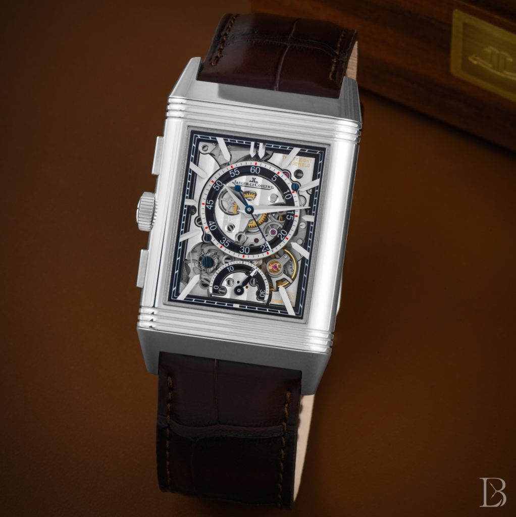 JLC Reverso Tribute Chronograph ref. Q389848J with chronograph (rear) dial side visible.