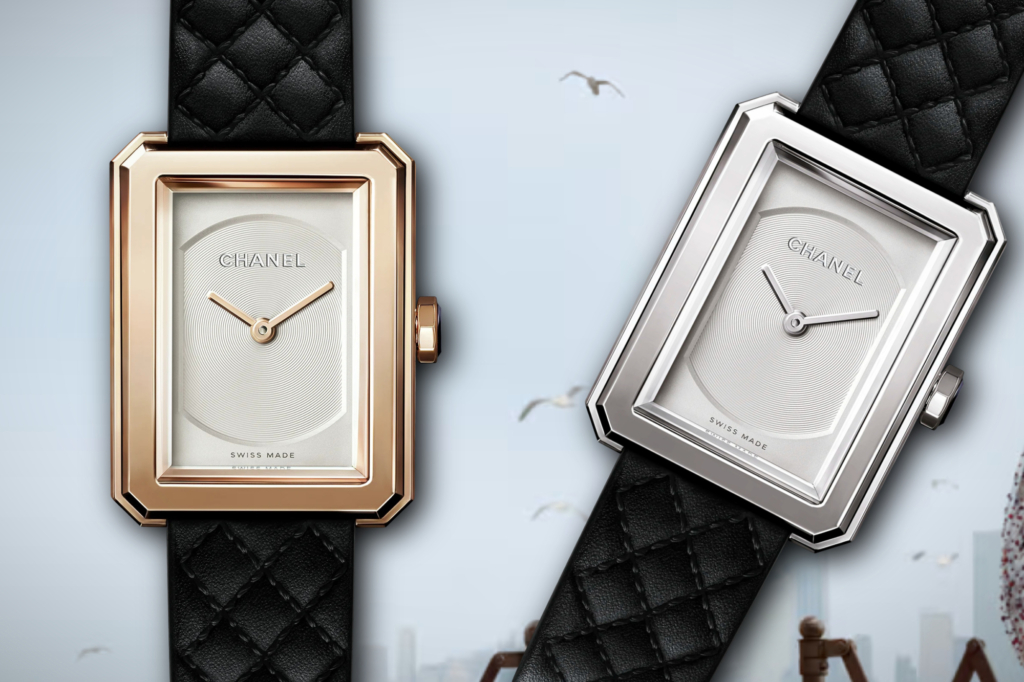 Chanel Boyfriend watch in Beige Gold (left) and stainless steel (right). Photo: Chanel