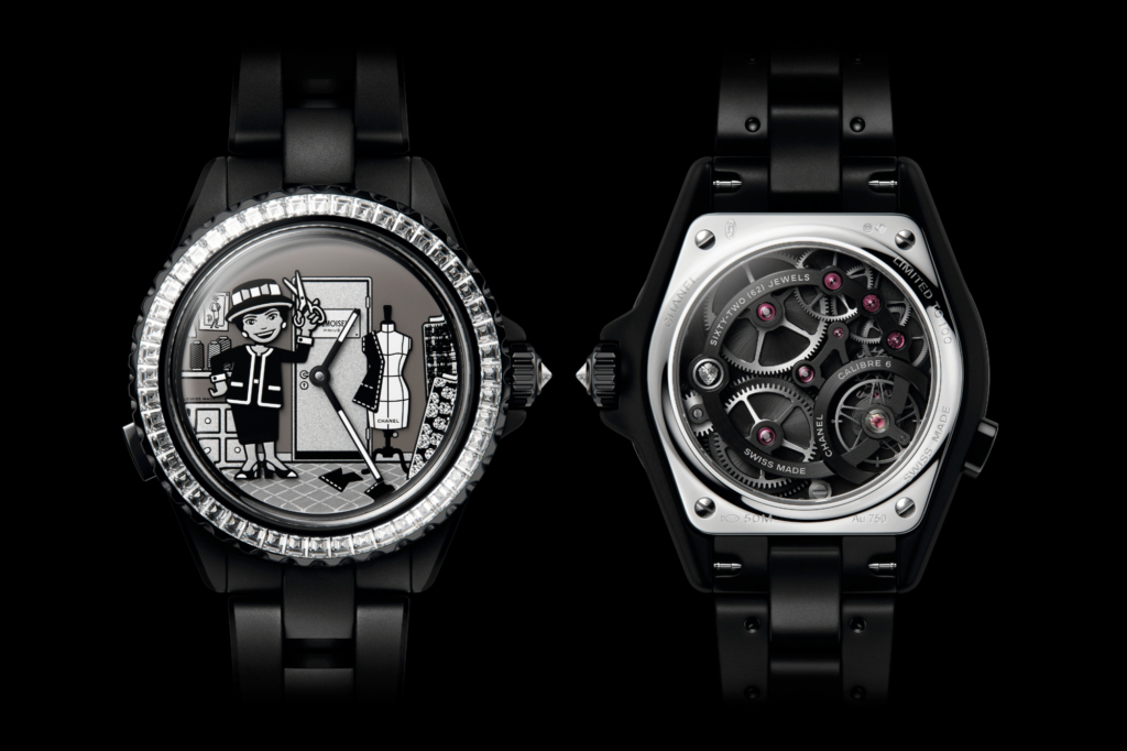 On the J12 Couture Automaton Caliber 6, both the Gabrielle Chanel figurine and the couture mannequin are animated, along with several body segments of the figurine, when you press the case button