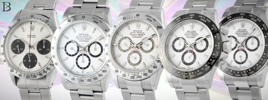 From left to right: Ref. 6239, 16520, 116520, 116500LN and 126500LN