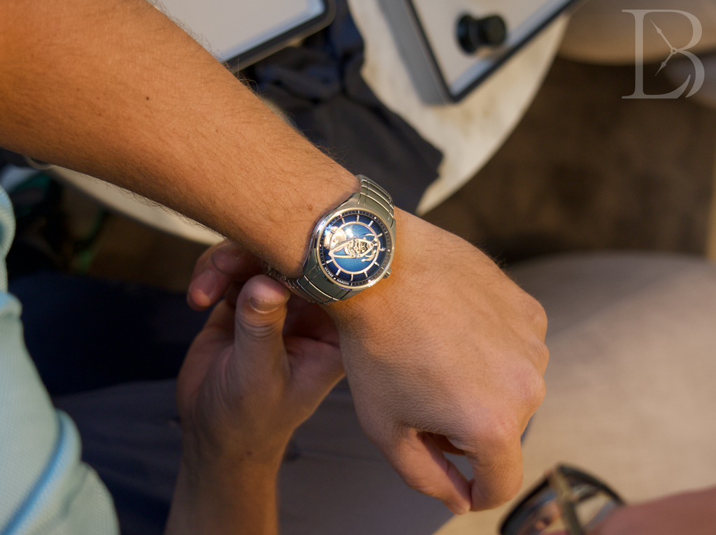 Blue Ulysse Nardin Freak X with bracelet on wrist
