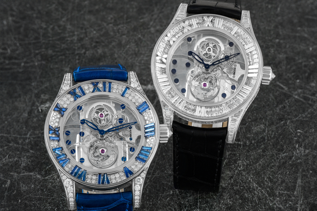 Corum Romvlvs Tourbillon Billionaire Diamond and Sapphire Limited Edition ref. 372.743.69/0F83 (left) and Romvlvs Tourbillon Billionaire White Gold Diamond Edition ref. 372.719.69/0F810000