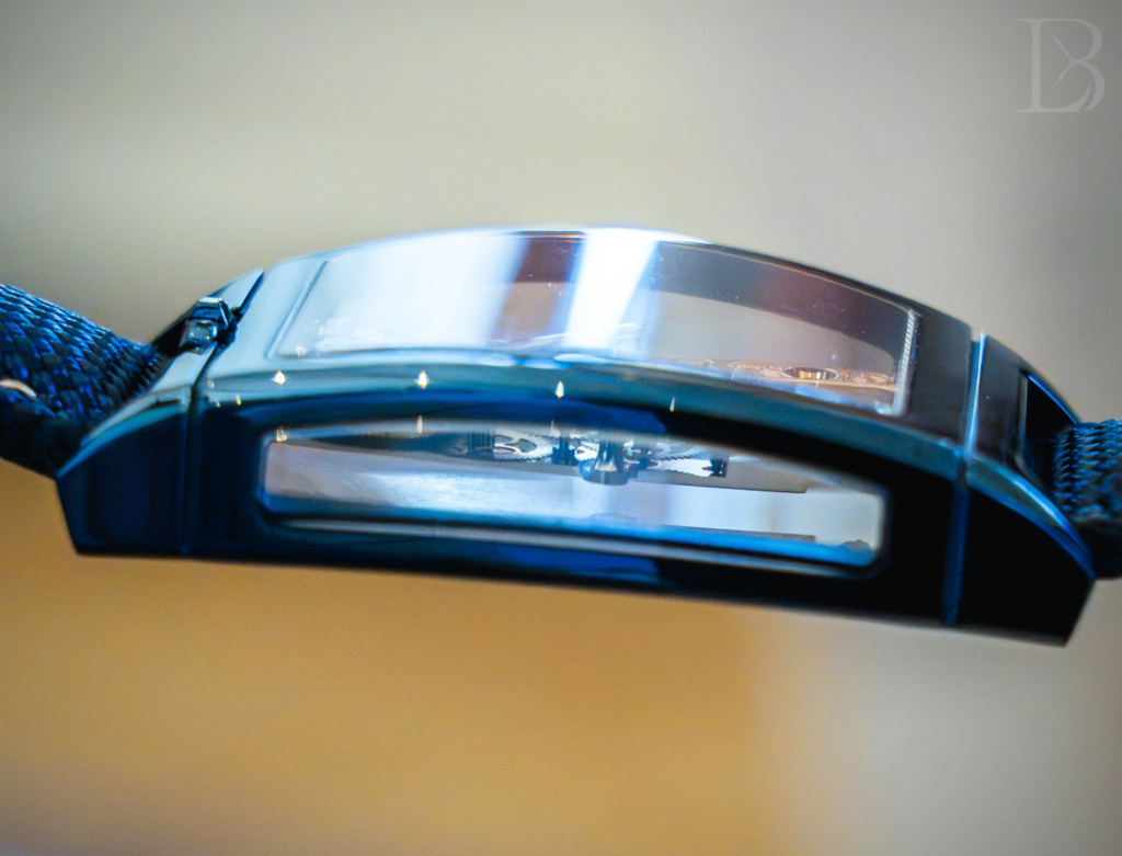 Golden Bridge Classic 34mm in blue PVD-coated titanium, ref. B34.113.TZ0.8B, viewed from the side