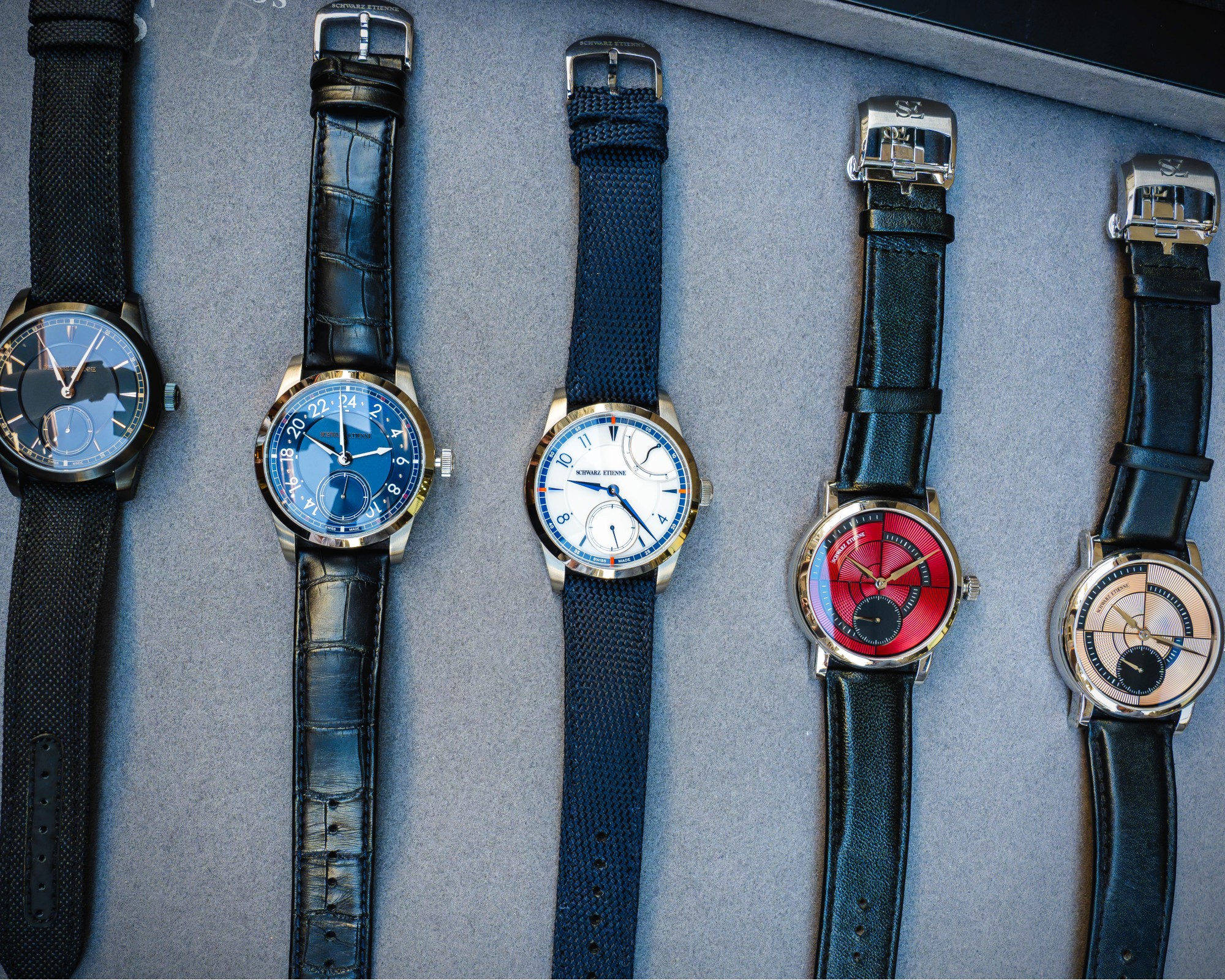 Some of the 2026 Schwarz Etienne lineup shown off during Geneva Watch Days at Watchmakers United