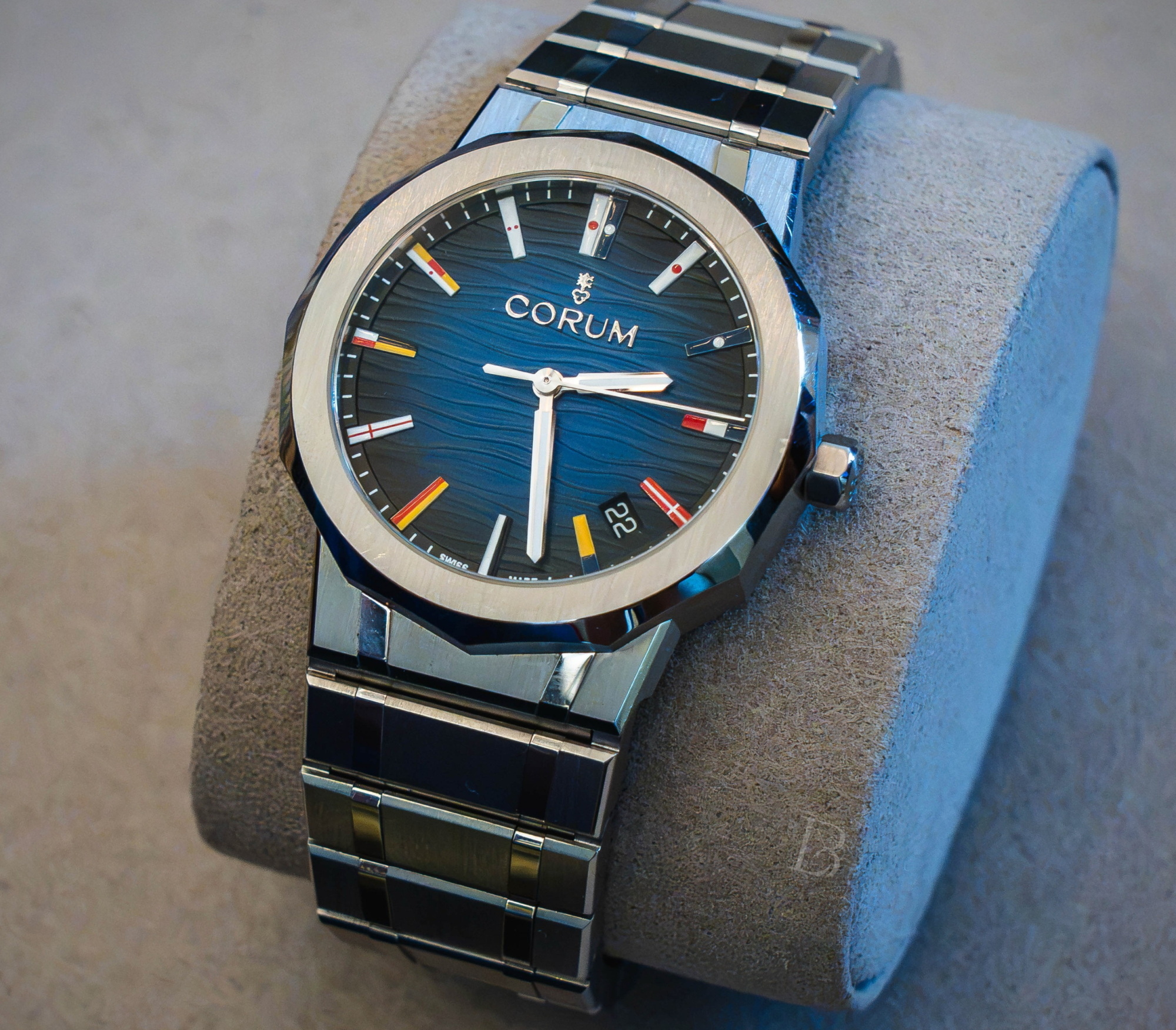 The Corum Admiral 36 in stainless steel had a list price of $14,900 when it debuted in 2026