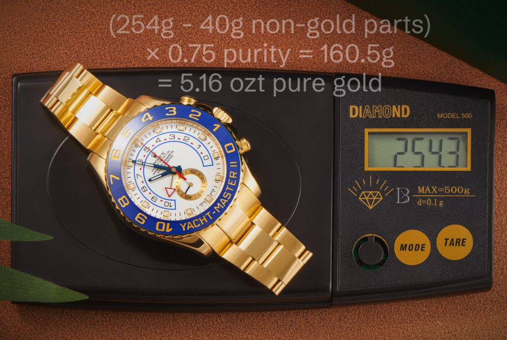 How much gold is in a Rolex Yacht-Master II ref. 116688? Over 5 troy ounces!