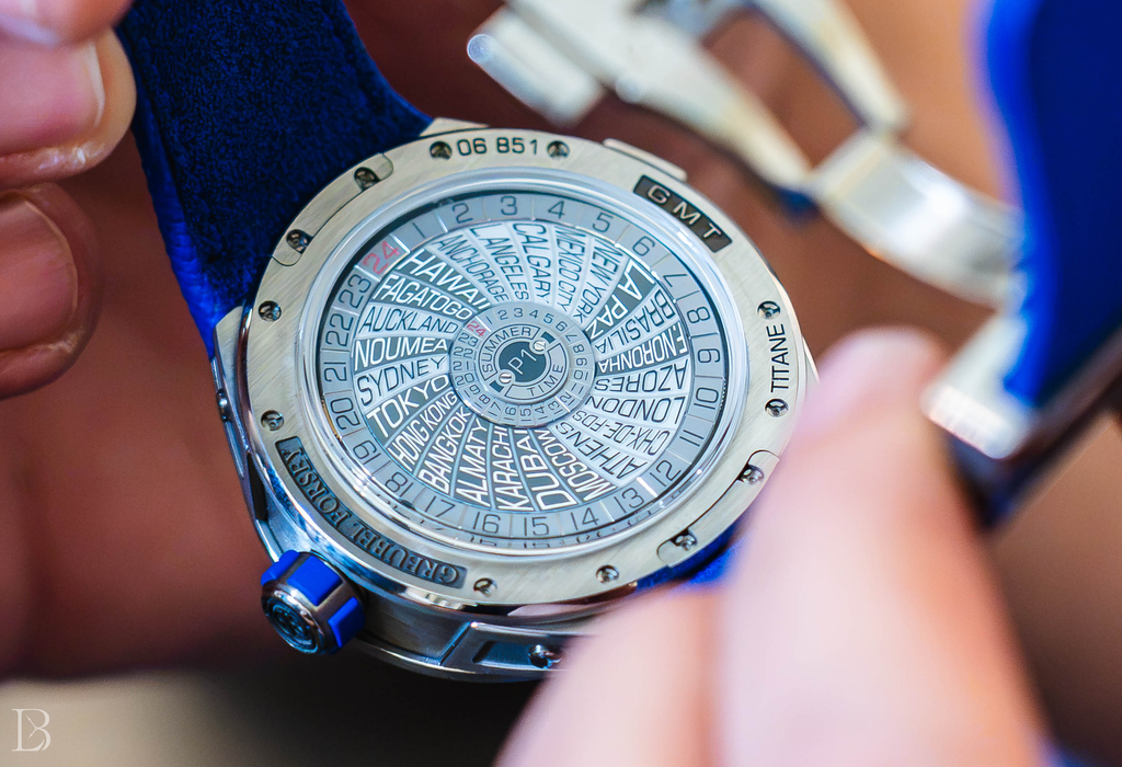 Rear view of the blue Greubel Forsey Balancier Convexe GMT