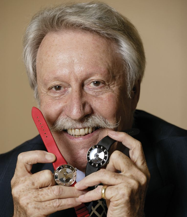 Gerald Charles Genta and two Gerald Charles watches. Photo: geraldcharles.com