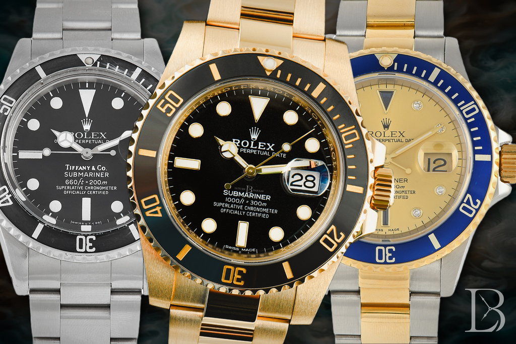 Three different generations of Rolex Submariner Date, from left to right: 1680, 116610LN, 16613