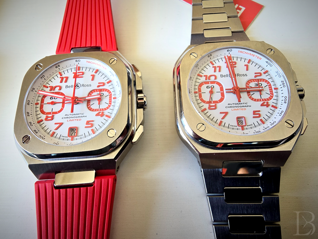 The Bell & Ross BR-05 Chrono Snow Rocket is offered on either a red rubber strap or an integrated stainless steel bracelet.